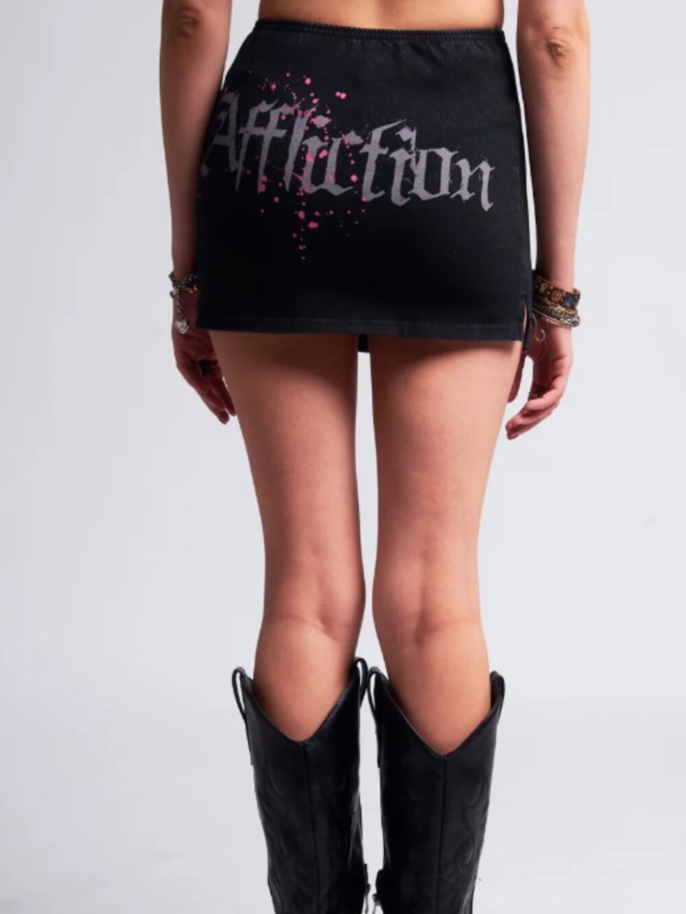 Affliction Black Cotton Mini Skirt Graffiti Graphic Logo Splatter Large